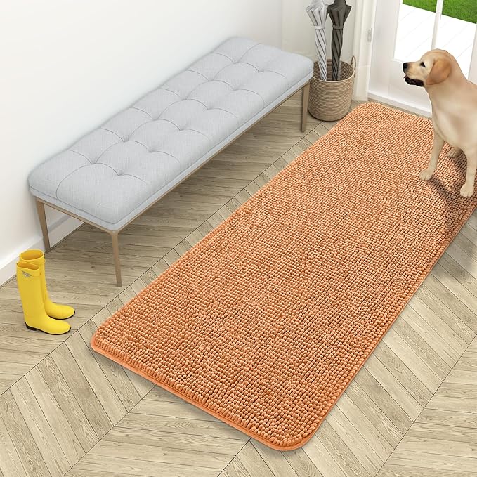 OLANLY Dog Door Mat for Muddy Paws 54x24, Absorbs Moisture and Dirt, Absorbent Non-Slip Washable Doormat, Quick Dry Chenille Mud Mat for Dogs, Entry Indoor Entryway Carpet for Inside Floor, Orange