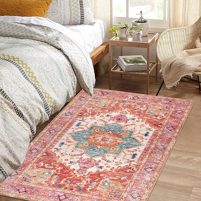 Yamaziot Washable Area Rug, 4x6 Non-Slip Boho Vintage Living Room Bedroom Rug with Rubber Backing, Low Pile Faux Wool Soft Distressed Rug Floor Carpet for Living Room, Laundry, Kids Playroom (Pink)