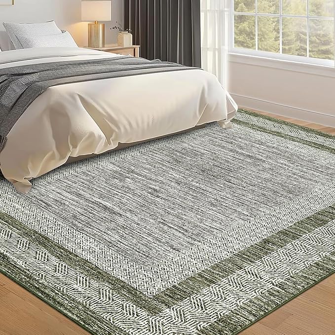GarveeHome Modern Geometric Area Rug 4x6 Distressed Bordered Washable Non Slip Floor Carpet Non Shedding Thin Soft Low Pile Contemporary Green Rug for Dining Room, Living Room