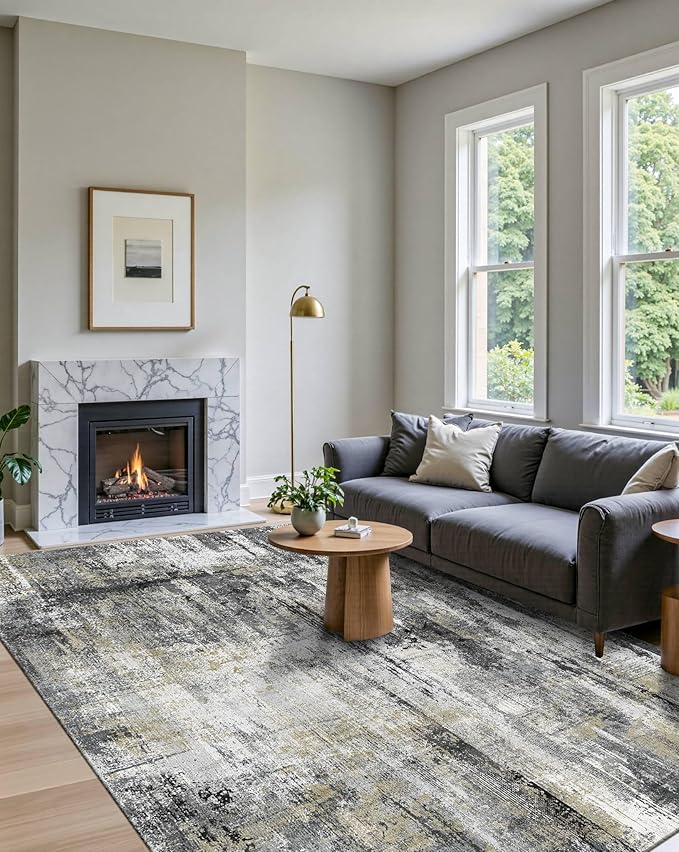 Latte&Fog 5x7 Area Rugs for Living Room Bedroom, Black Modern Abstract Neutral Washable Rug, Boho Non Slip Low Pile Carpet for Dining Room,Dorm,Classroom,College Dorm and Farmhouse - Black Gold