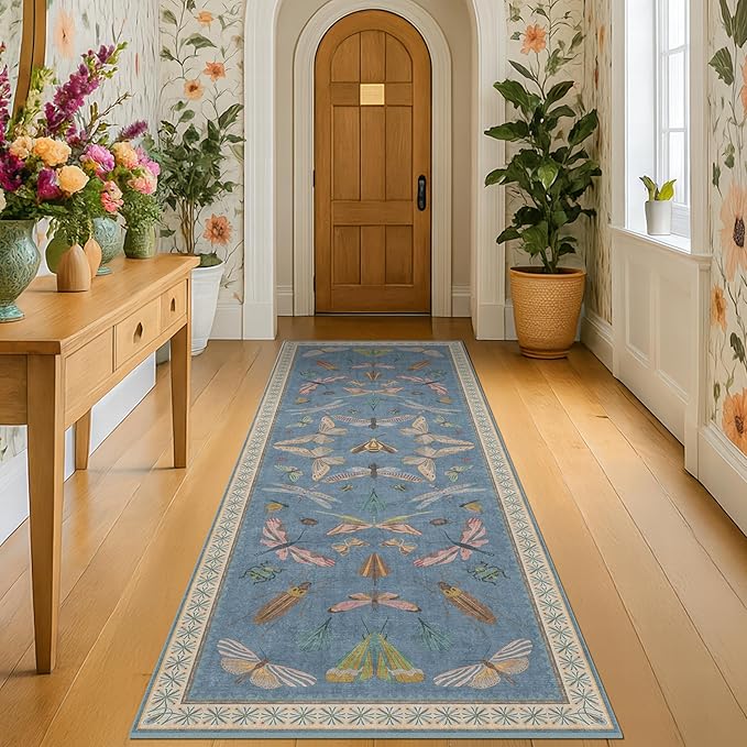Hazo Haus Boho Non Slip Kitchen Rug Runner - 2x5 Blue Washable Thin Rug for Bathroom, Laundry Room, Hallway, Non Slip with Rubber Backing, Insect Print Unique Runner