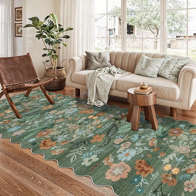 Washable 3x10 Hallway Runner Rug: Floral Scalloped Soft Runners for Entryway Kitchen Nursery Non Slip Bathroom Floor Mat Water Resistant Light Weight Carpet for Living Room Bedroom (3x10 Floral/Green)