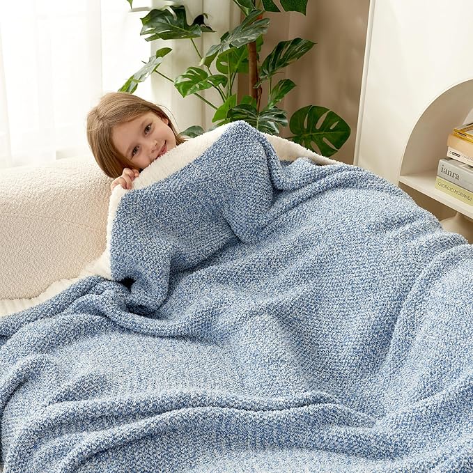 Snuggle Sac Blue Throw Blankets for Couch, Reversible Super Soft Warm Blankets Cozy Knit Blanket Fuzzy Plush Throws for Sofa, Bed, Gift, Heather Blue, 50 x 60 inches (Pack of 2)