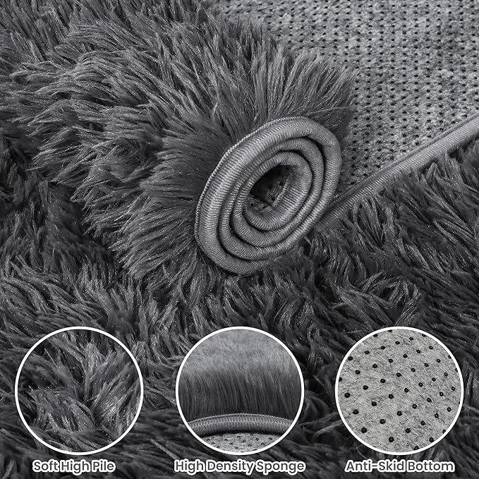 2x6 Bedside Area Rugs for Bedroom: Soft Fluffy Shag Gray Rug for Hallway, Non-Slip Fuzzy Plush Living Room Rug Indoor Floor Carpet for Kids Rooms, Dorm, Nursery, Modern Home Aesthetic Decor