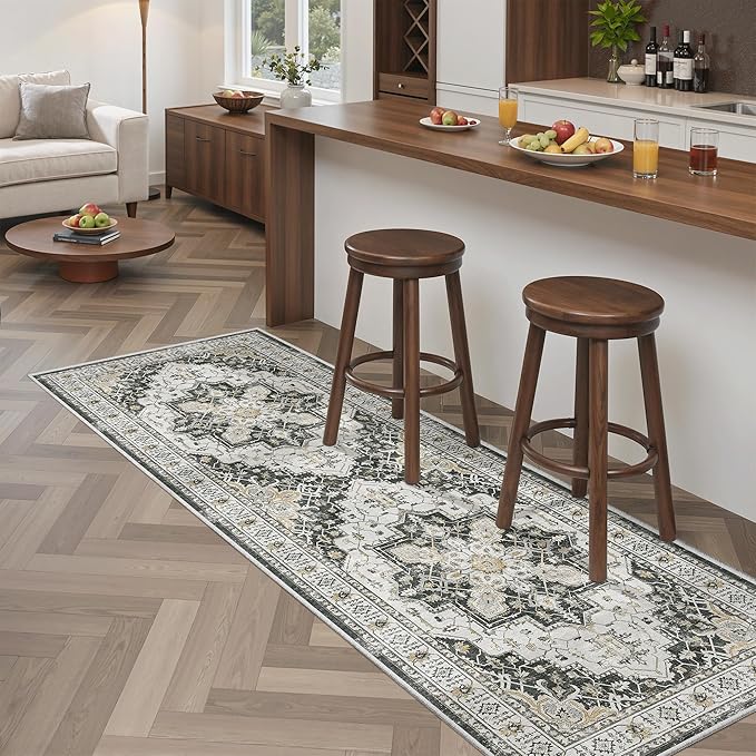 Madane Washable Runner Rug - 2x6 Rug Runners for Hallways 6 Feet Non Slip Vintage Kitchen Runner Rug Ultra-Thin Bathroom Runner Rugs Carpet Laundry Room Bedroom (2x6ft, Black)