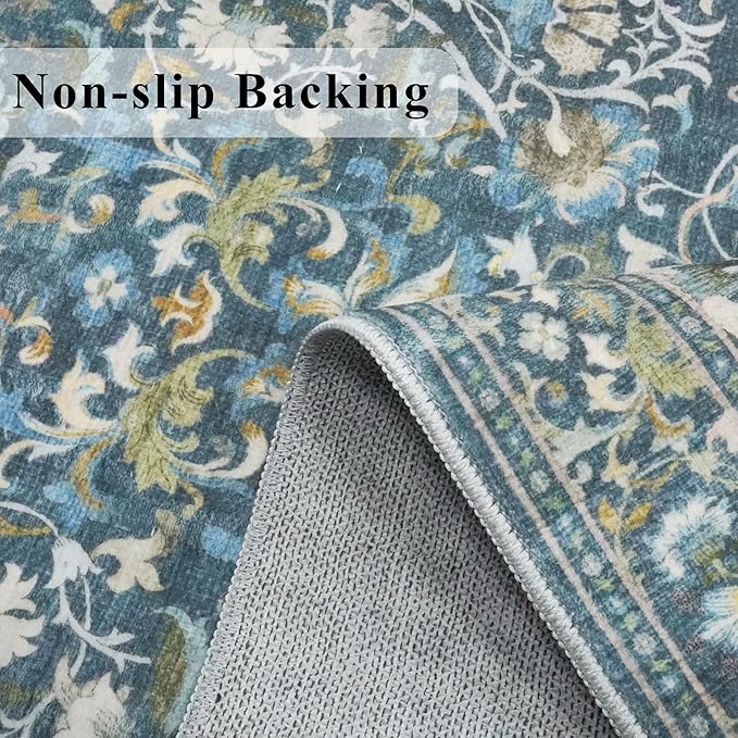 Washable 2x4 Entryway Area Rugs: Anti-Slip Thin Kitchen Carpet Indoor Light-Weight Doormat Ultra Soft Low Pile Nursery Room Rug Vintage Small Floor Mat for Hardwood Bedroom (2x4,Floral/Blue)