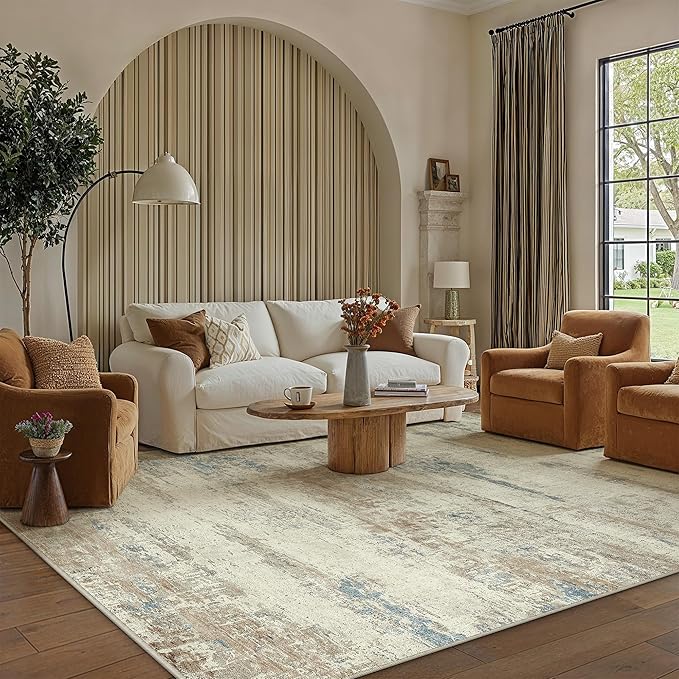 6x9 Area Rug Washable Beige Brown Abstract Living Room Carpet Non Slip Modern Neutral Soft Low Pile Contemporary Aesthetic Bedroom Large Rug Indoor Office Dining Room Playroom