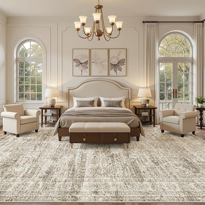 10x14 Area Rugs for Living Room, Non Slip Machine Washable Vintage Rugs, Low Pile Lightweight Large Rug for Bedroom, Dining Room, Home Office Brown