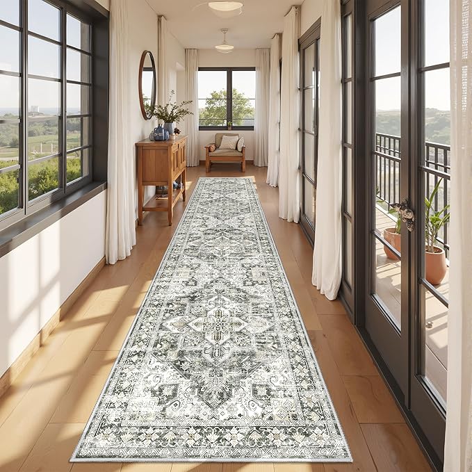 Runner Rug 2x10, Ultra-Thin Kitchen Rugs Non Slip Washable Rugs for Entryway Rug, Kitchen Runner Low Pile Vintage Soft Carpets for Living Room, Bathroom Bedroom (Grey/Beige,2'x10')