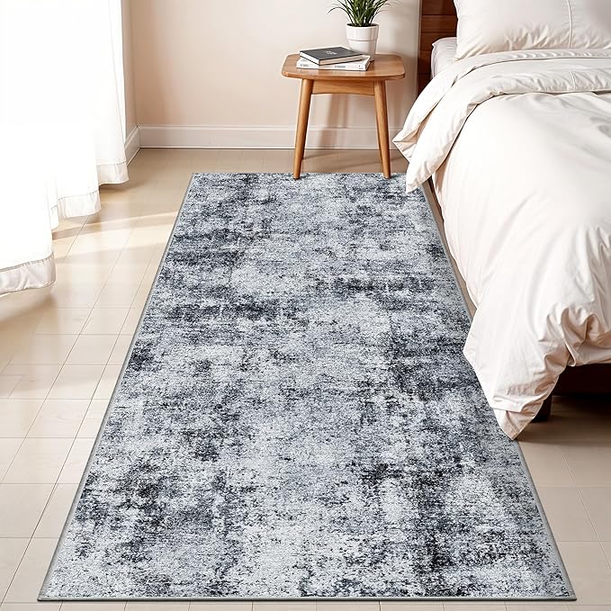 3x6 Washable Entryway Runner Rug: Non Slip Wide Hallway Runners Easy-to-Clean - Soft Living Room Bedroom Kitchen Carpet - Thin Low Pile Printed Floor Mat for Dining Room Black Grey