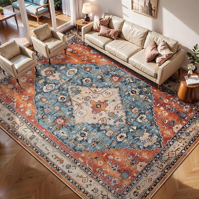 SERISSA 7x9 Area Rugs for Living Room, Large Washable Non-Slip Boho Rug, Ultra Soft Vintage Oriental Tribal Print Distressed Carpet for Dining Room Bedroom Dorm Office Home Decor