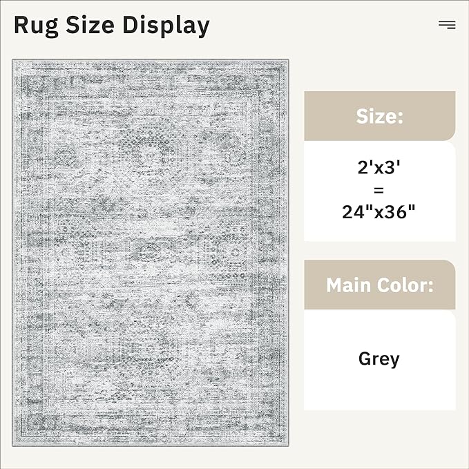 2x3 Washable Rugs for Kitchen, Floor, Entryway, Powder Room Small Area Rug Non-Slip Vintage Low Pile Throw Door Mat Grey
