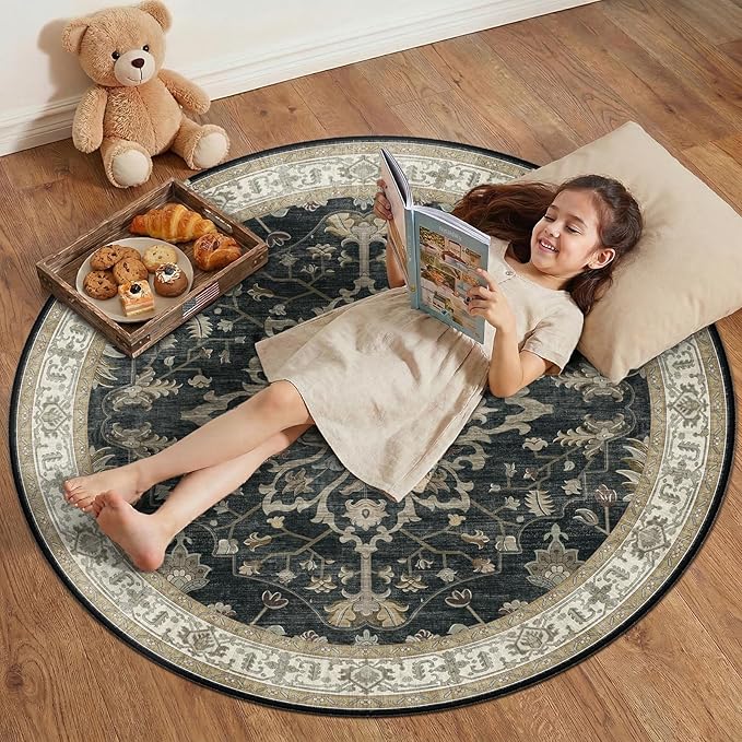 Area Rugs Round 4ft Washable Non-Slip, Floral Vintage Distress Print Pattern Medallion Carpet for Living Room Bedroom Dining Room, Vintage Black Brown Neutral