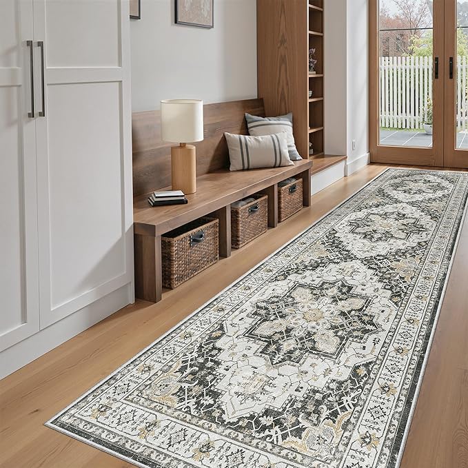 Madane Hallway Runner Rug 2'6''x10' Kitchen Runner, Non Slip Vintage Runners for Hallways Washable Kitchen Rugs Soft Low Pile 2.5x10 ft Rug Runner for Laundry Room, Entryway and Bedroom, Black