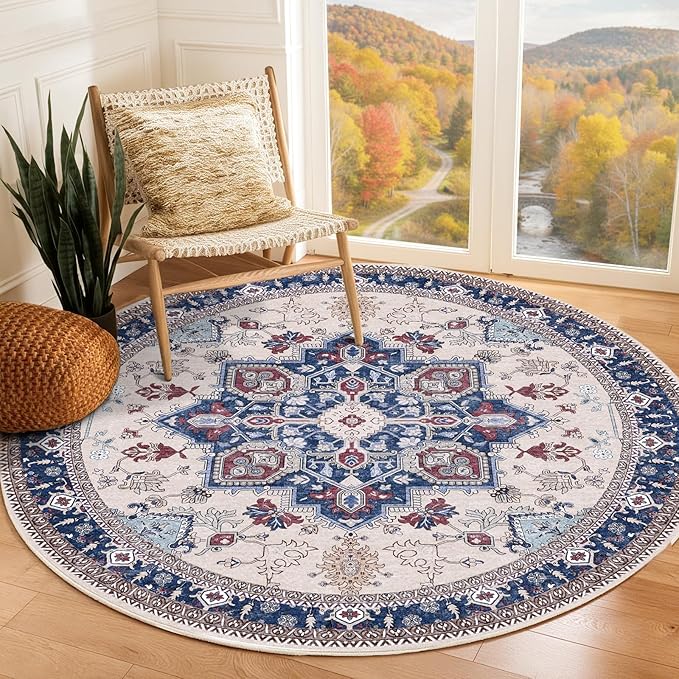 OPPODREAM Soft Round Rug 5ft, Washable Circle Rug 5ft with Non Slip Backing Play Room, Low-Pile Carpet 5 ft, Faux Cashmere Throw Carpet, Navy Blue & Red & Cream