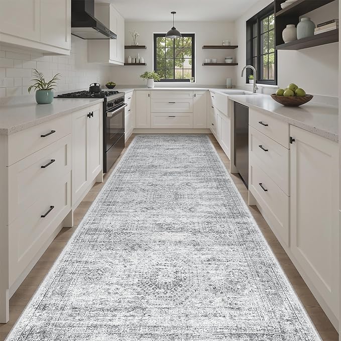 Soalmost 4x12 Wide Hallway Runners: Washable 12ft Runner Rug for Entryway Living Room Soft Vintage Non Slip Carpet Runner for Kitchen Dining Room Nursery Bedroom (Grey, 4x12ft)