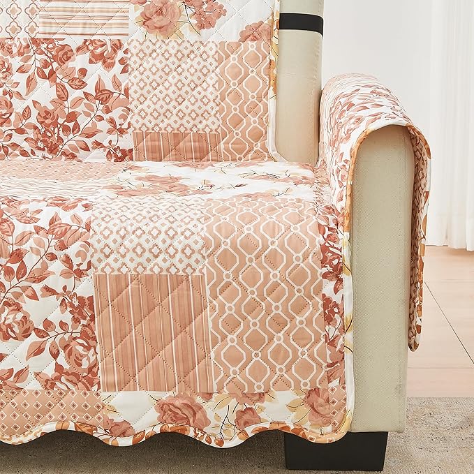 Great Bay Home Reversible Patchwork Chair Cover - Washable Slipcover Furniture Protector with Elastic Straps - Perfect for Kids & Pets - Box-Stitched Detail (Dusty Rose)