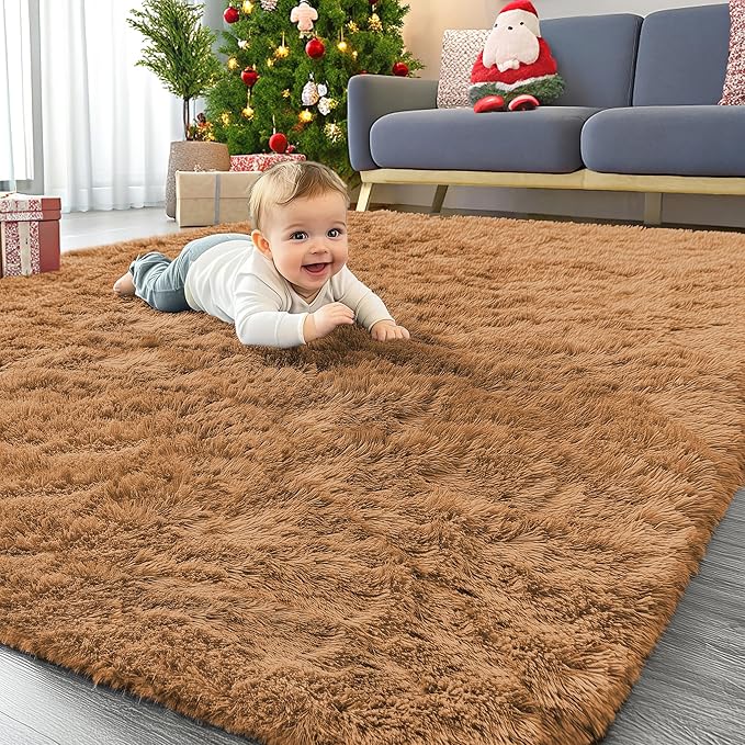 OLANLY Area Rugs for Living Room Bedroom, Machine Washable 4x5.9 ft Soft Fluffy Shaggy Bedside Rug, Indoor Floor Carpet for Kids Girls and Boys, Dorms, Nursery Rooms, Home Decor Aesthetic, Khaki