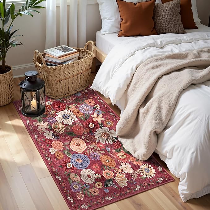 2x4 Entryway Runner Rugs, Non Slip Washable Rugs with Rubber Backing Soft Floral Carpet Runner for Kitchen, Laundry, Bedroom, Bathroom(2 x 4, Red Garden)