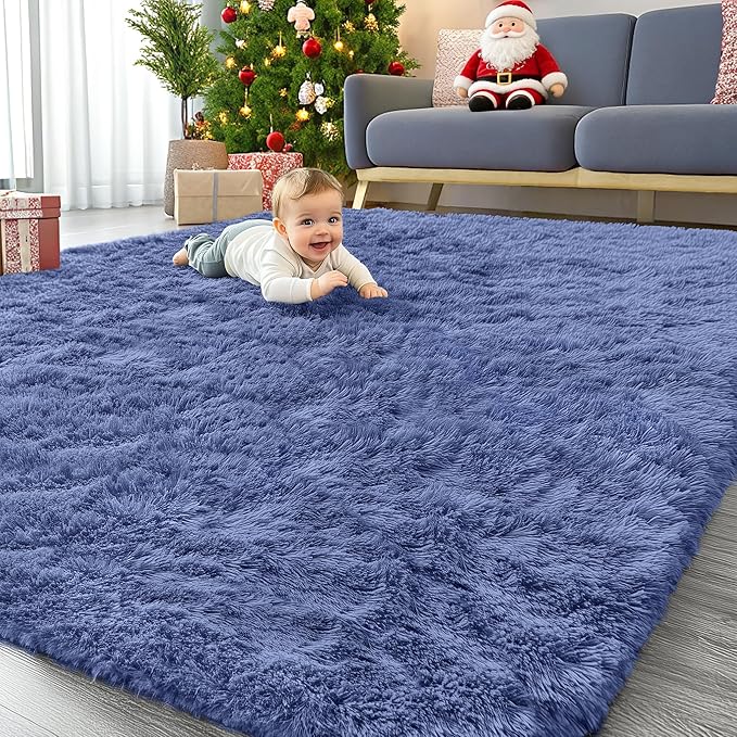 OLANLY 6x9 Machine Washable Large Area Rugs for Living Room, Bedroom, Soft Fluffy Shaggy Bedside Rug, Indoor Floor Carpet for Kids Girls and Boys, Dorms, Nursery, Home Decor Aesthetic, Denim Blue