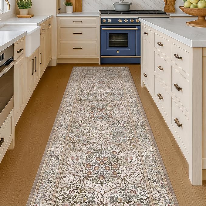 Moss Green 2'6" x 8' Runners for Hallways Non Slip, Extra Long Floor Runner for Kitchen, Entryway Indoor, Washable Rubber Backing Stain Resistant - Vintage Taupe Brown Floral Décor