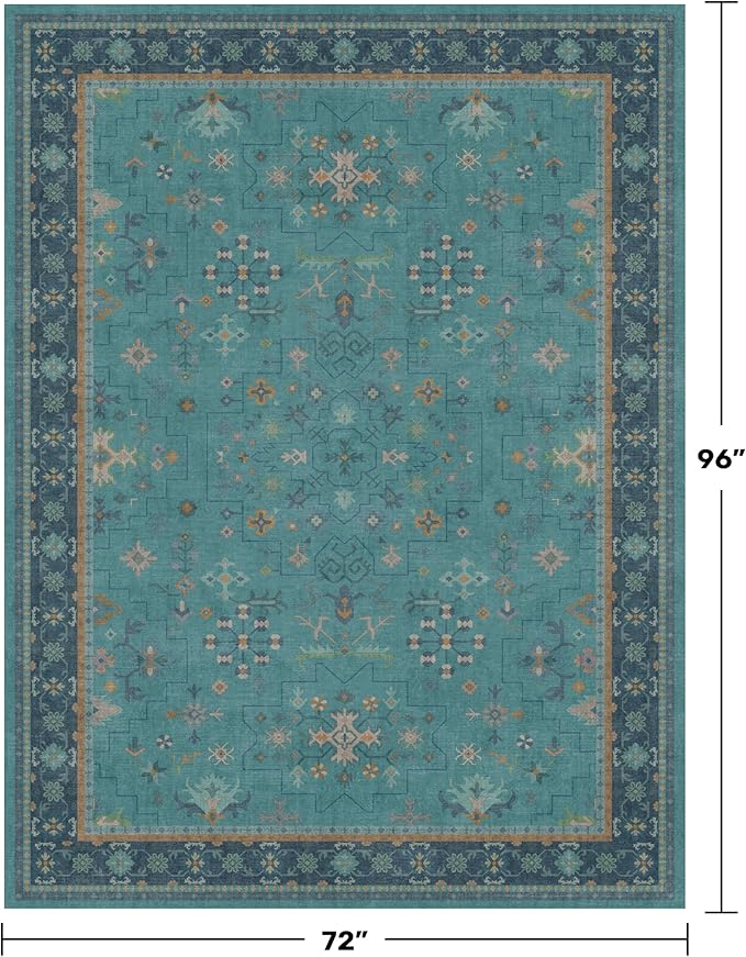 Boho Teal 6x8 Rug for Living Room, Washable Area Rugs for Bedroom, Dining Room Under Table, Vintage Turquoise Décor Indoor, Low Pile & Soft Carpet