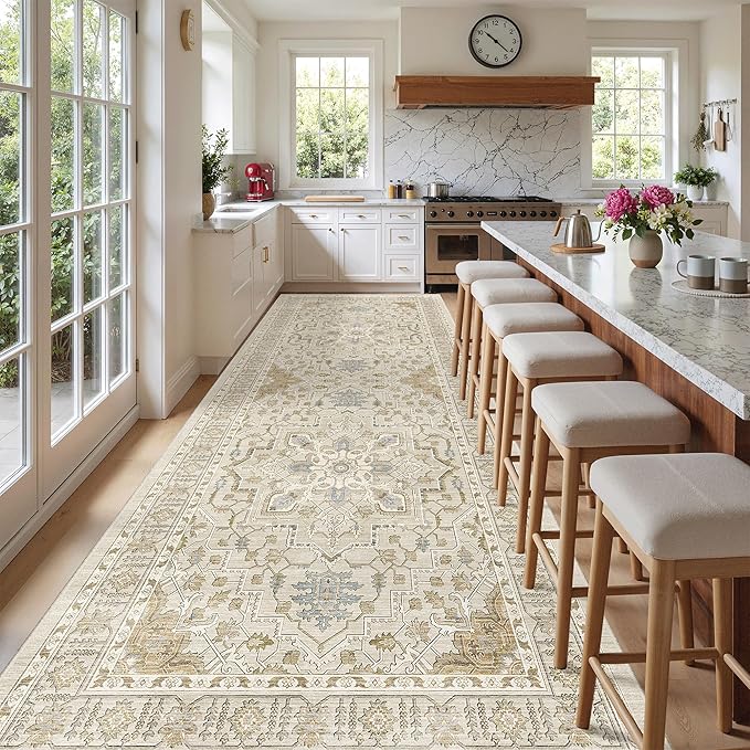Madane 4x10 Wide Hallway Runner Rug: Washable Soft Rug Runners for Living Room Bedroom, Stain Resistant Low Pile Area Rugs Non Slip Floor Carpet for Ktichen (Beige/Blue, 4x10)