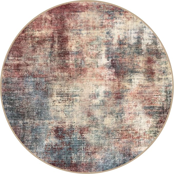 IOHOUZE Round Area Rug 5 Ft Circle Entryway Rugs Round Washable Door Mat Indoor Entrance, Non Slip Circle Front Door Rug, Printed Abstract Faux Wool Floor Carpet for Foyer Porch Sink, Red/Multi
