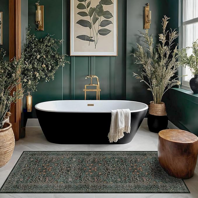 Dark Green 2x5 Runner Rug Non Slip Washable for Bathroom, Kitchen, Floral Boho Low Pile Entryway Rug, Door Mat Indoor Entrance, Small Carpet Runner for Laundry Room