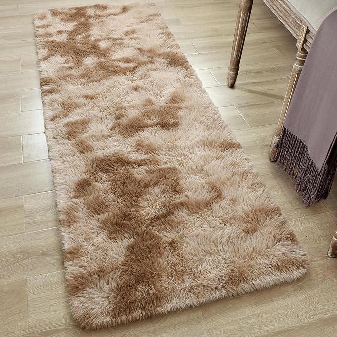 Tepook Fluffy Runner Rugs for Bedroom Aesthetic 2x6 Feet, Shag Soft Bedside Rug with Non-Slip Bottom, Fuzzy Plush Carpet for Room, Hallway Rug for Nursery Dorm Indoor Home Decor, Tie-Dyed Beige