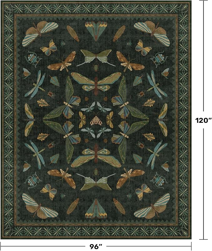 Hazo Haus Dark Green Insect Area Rugs 8x10 for Living Room, Dining Room Under Table, Bedroom, Unique Washable Floral Non Slip Low Pile Soft Rug