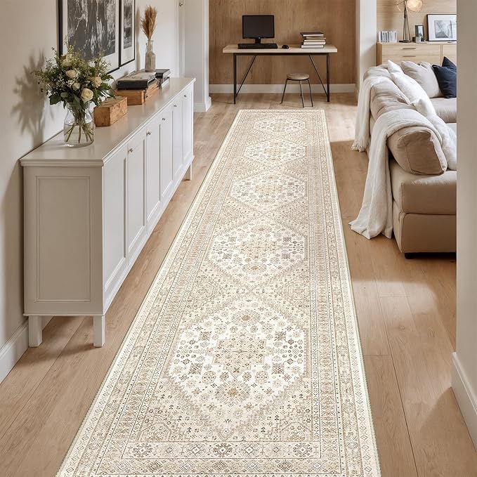 Washable Runner Rug 2.5x16, Non-Slip Long Kitchen Mats for Floor, Vintage Rug for Entryway, Soft Hallway Runner for Dining Room, Bedroom, Living Room(Cream/Beige,2.5'x16')