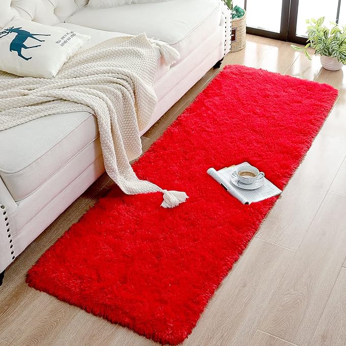 Chicrug Soft Runner Rugs for Bedroom Living Room Plush Fluffy Rug 2x6 Feet, Shag Furry Area Rug Carpet Non Shedding for Nursery Children Kids Girls Room Home Decorative, Red