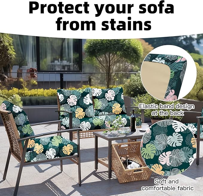 8Pcs Outdoor Cushion Covers, Patio Cushion Covers,Stretch Elastic Slipcovers, Replacement Washable & Reusable Furniture Protector for Patio Couch(Green Charm, 8PCS,Twill)