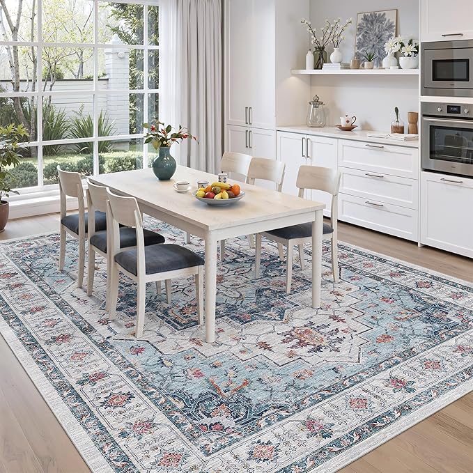 zesthome Area Rugs 9x12, Washable Rug Non-Slip Low Pile Rugs for Living Room, Bedroom, Home Decor Vintage Large Area Rug (Blue,9'x12')