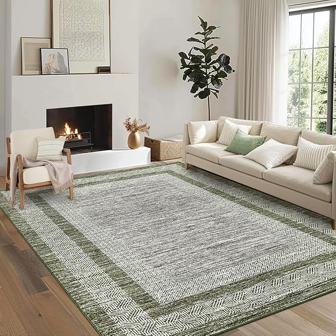 GarveeHome Modern Geometric Area Rug 5x7 Distressed Bordered Rug Washable Non Slip Floor Carpet Non Shedding Thin Rug, Soft Low Pile Rug, Contemporary Green Rug for Dining Room, Living Room