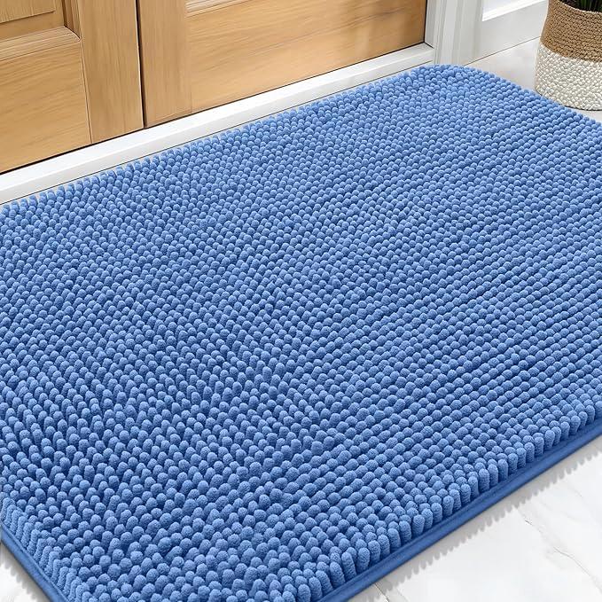 OLANLY Dog Door Mat for Muddy Paws 34x21, Absorbs Moisture and Dirt, Absorbent Non-Slip Washable Doormat, Quick Dry Chenille Mud Mat, Entry Indoor Entryway Carpet for Inside Floor, Cornflower Blue