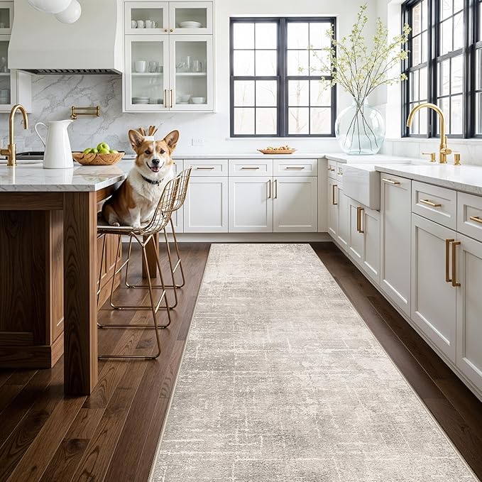 HAOYUNLAI 3x12 Hallways Runner Rugs: Soft Kitchen Rug Non-Slip Floor Mat with Rubber Backing Washable Non Shedding Soft Beside Carpet for Bedroom Abstract Home Decor Rug Runner(3x12,Beige/Cream