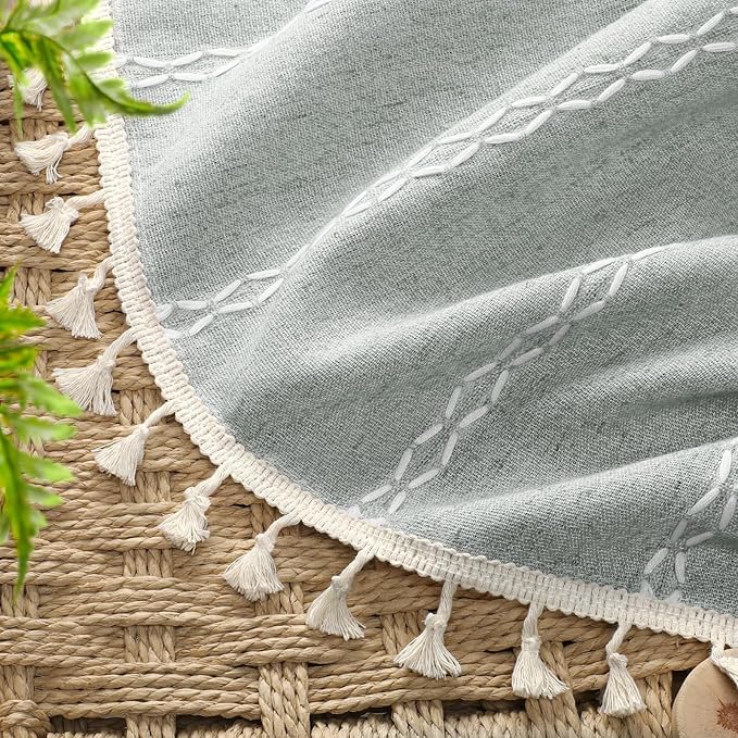 Teal Boho Blackout Curtains 2 Panels 84 Inch for Living Room Bedroom, Light Green Linen Texture Farmhouse Curtains with Tassels and White Cotton Embroidery Vintage Rustic Country Western
