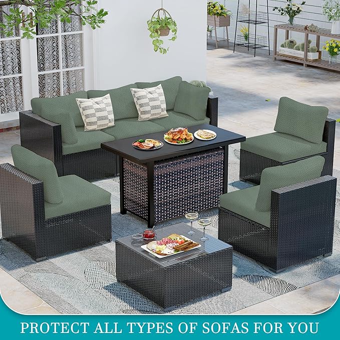 14Pcs Stretch Patio Cushion Covers,Outdoor Couch Covers Replacement,Outdoor Couch & Sofa Slipcovers,for Patio Furniture Cushion Covers,Washable Reusable Furniture Protector (Matcha Green,Cover Only)