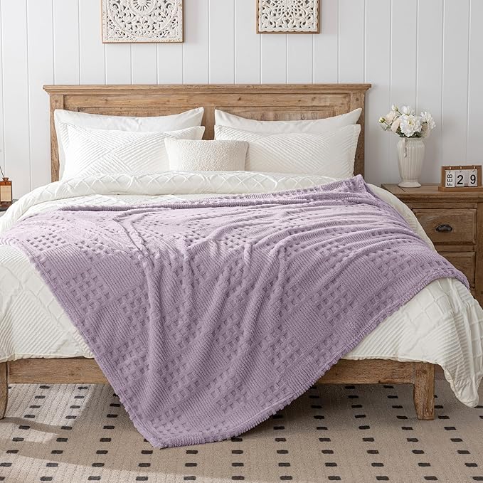 50x70 Inch Waffle Purple Throw Blanket -Fluffy Fleece, Neutral Tan Color, Cute & Aesthetic, Perfect for Sofa, Couch, Chair, Bed, Living Room & Bedroom, All-Season Use, Plush & Cozy Decorative Blanket
