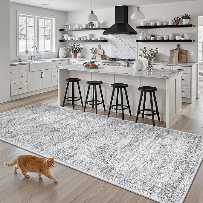 Runner Rug 3x6 Washable Non-Slip Kitchen Runner Rugs for Bathroom Laundry Room Grey Vintage Floor Carpet Runners for Hallway Entryway