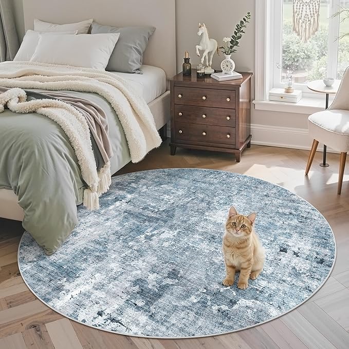 5x5 Blue/Grey Round Rug 5ft Living Room Circle Rug Vintage Round Area Rug Non Slip Indoor Carpet for Entryway Dining Room Bedroom