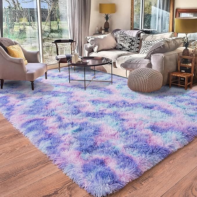 Rugs for Bedroom 4x6, Soft Shaggy Modern Shag Area Rug for Living Room, Upgrade Non-Slip Plush Fluffy Carpet for Kids Boys Girls Room Home Decor Aesthetic, Rainbow Purple