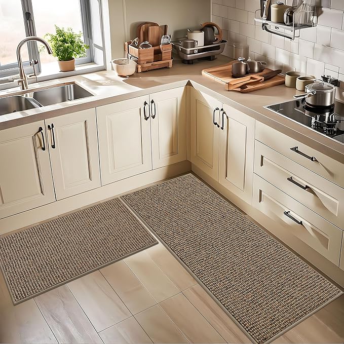 BEQHAUSE Kitchen Rugs and Mats 2PCS, Non-Slip Kitchen Mats for Floor, Absorbent and Stain Resistant Kitchen Runner, Machine Washable Rugs for Kitchen, Laundry & Sink, 24"x36"+24"x60", Taupe