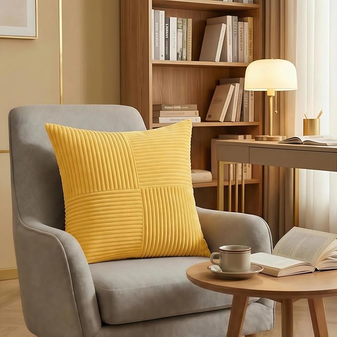 Fancy Homi 2 Packs Yellow Big Decorative Throw Pillow Covers 24x24 Inch for Couch Bed Sofa, Rustic Farmhouse Boho Home Decor, Soft Corss Corduroy Patchwork Accent Square Cushion Case 60x60 cm