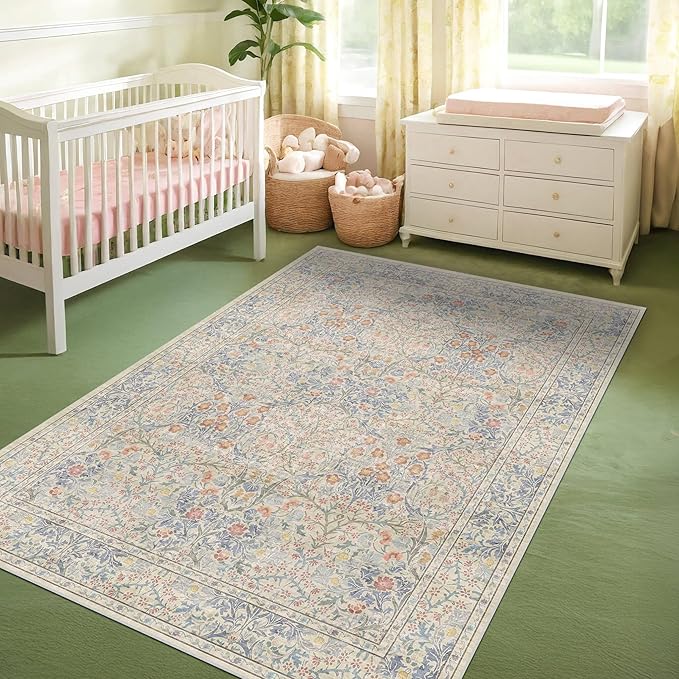 Hazo Haus Vintage Washable Beige Blue Area Rugs for Bedroom Under Bed, Living Room, Nursery, Kitchen, Entryway, Low Pile Non Slip Stain Resistance Distressed Retro Indoor (Beige Blue, 4 x 6)