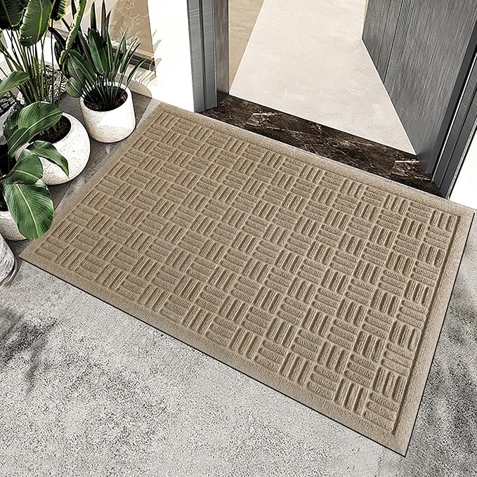 Mibao Front Door Mat Indoor Outdoor Entrance, Dirt Trapping Waterproof All-Season, All-Weather Doormat, Non-Slip Durable Natural Rubber Low Profile Easy Clean Patio Entrance Mat, 36" x 24", Beige
