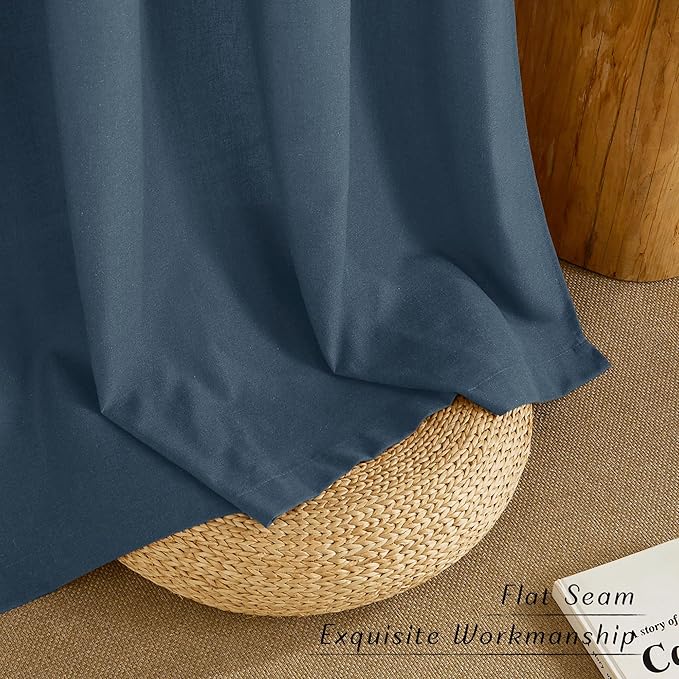 NICETOWN Semi Sheer Flax Linen Navy Blue Curtains 96 inches Long, Grommet Thick Linen Curtains Privacy Added with Light Filtering Window Treatments for Bedroom, W55 x L96, 2 Panels