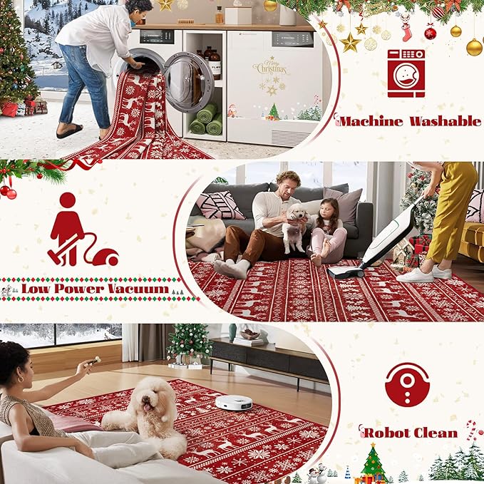 Christmas Runner Rug 2x6 Washable Rugs, Boho Christmas Tree Snowflake Rug Non-Slip Soft Low Pile Non Shedding Indoor Holiday Carpet for Bedroom Bathroom Laundry Staircase Foyer (XmasRed, 2'x6')